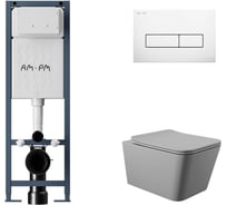Комплект AM.PM I012711.0301 ErgoFit инсталляция для подвес унитаза с клавишей ErgoFit M пластик, белый глянцевый + Унитаз подвесной 520*370 безободковый, сиденье Soft-Close, серый матовый, форма квадрат I012711.0301Q0130