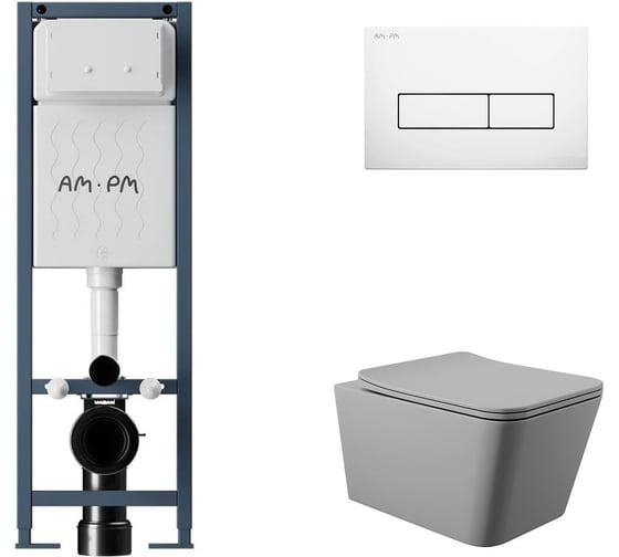 Комплект AM.PM I012711.0301 ErgoFit инсталляция для подвес унитаза с клавишей ErgoFit M пластик, белый глянцевый + Унитаз подвесной 520*370 безободковый, сиденье Soft-Close, серый матовый, форма квадрат I012711.0301Q0130 1
