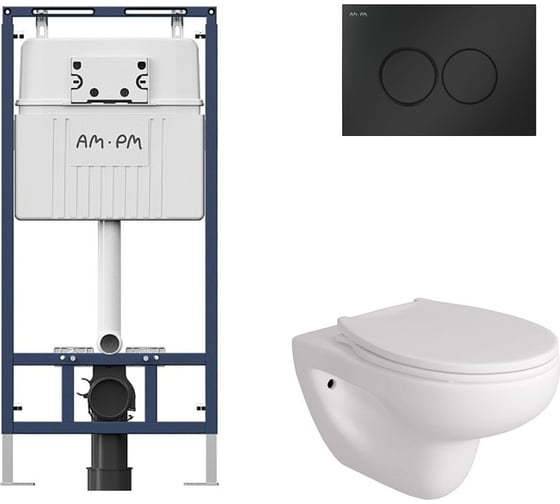Комплект AM.PM MasterFit инсталляция для подвесного унитаза с клавишей ProC L, мат.черный + FLUIRE 901 Унитаз подвесной безободковый, быстросъёмное сиденье с микролифтом, белый глян. I012710.0138AL.FLU40901.W 1
