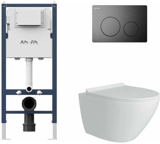 Комплект AM.PM I012709.0138 PrimeFit инсталляция для подвесного унитаза с клавишей PrimeFit L, мат.черный + Унитаз подвесной Long 520*365 безободковый, Vortex, сиденье Soft-Close, белый глянцевый, форма конус I012709.0138CV0210 1