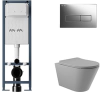 Комплект AM.PM I012711.0351 ErgoFit инсталляция для подвес унитаза с клавишей ErgoFit M пластик, хром глянц + Унитаз подвесной 525*360 безободковый, сиденье Soft-Close, серый матовый, форма конус I012711.0351C0130