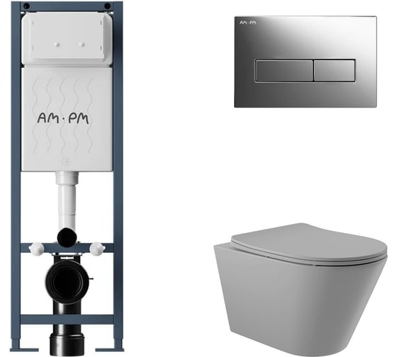 Комплект AM.PM I012711.0351 ErgoFit инсталляция для подвес унитаза с клавишей ErgoFit M пластик, хром глянц + Унитаз подвесной 525*360 безободковый, сиденье Soft-Close, серый матовый, форма конус I012711.0351C0130 1