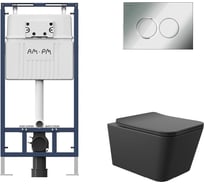 Комплект AM.PM MasterFit инсталляция для подвесного унитаза с клавишей ProC L, хром глянц + Унитаз подвесной 520*370 безободковый, сиденье Soft-Close, черный матовый, форма квадрат I012710.0151Q0140