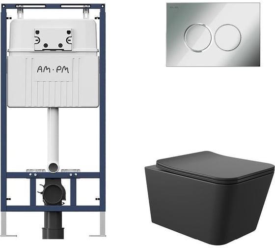 Комплект AM.PM MasterFit инсталляция для подвесного унитаза с клавишей ProC L, хром глянц + Унитаз подвесной 520*370 безободковый, сиденье Soft-Close, черный матовый, форма квадрат I012710.0151Q0140 1