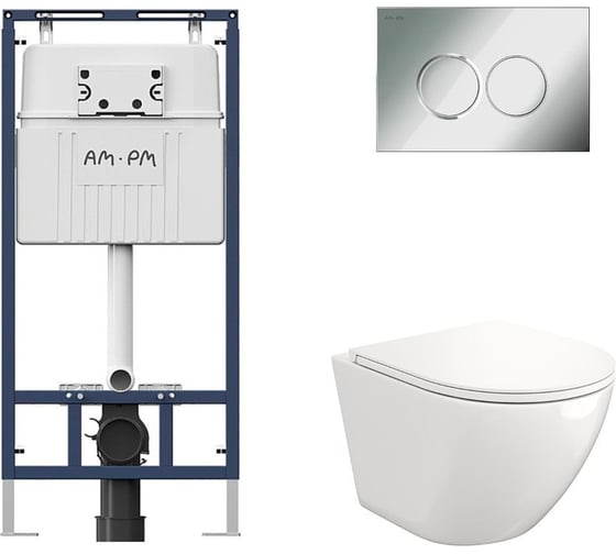 Комплект AM.PM MasterFit инсталляция для подвесного унитаза с клавишей ProC L, хром глянц + FLUIRE 110 Vortex Унитаз подвесной безободковый, быстросъёмное сиденье с микролифтом, белый глян. I012710.0151AL.FLU40110.V.W 1