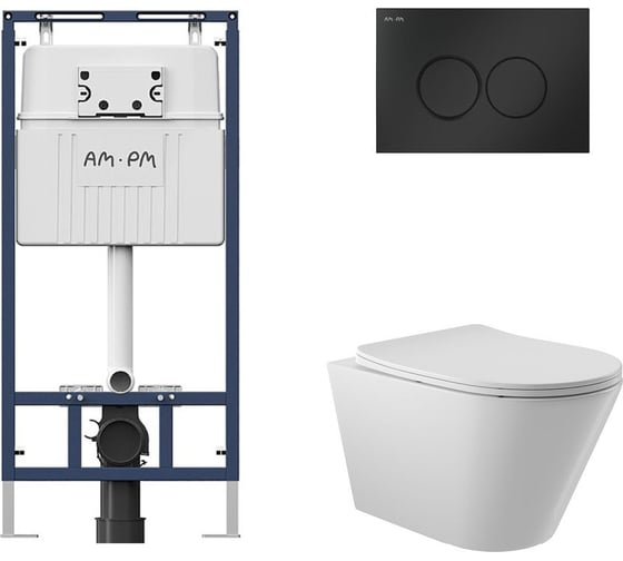 Комплект AM.PM MasterFit инсталляция для подвесного унитаза с клавишей ProC L, мат.черный + Унитаз подвесной 525*360 безободковый, сиденье Soft-Close, белый глянцевый, форма конус I012710.0138C0110 1