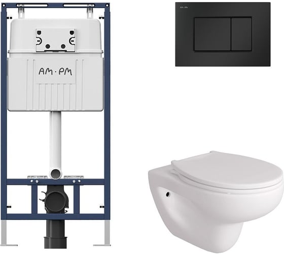 Комплект AM.PM MasterFit инсталляция для подвесного унитаза с клавишей ProC S, мат.черный + FLUIRE 901 Унитаз подвесной безободковый, быстросъёмное сиденье с микролифтом, белый глян. I012710.0238AL.FLU40901.W 1