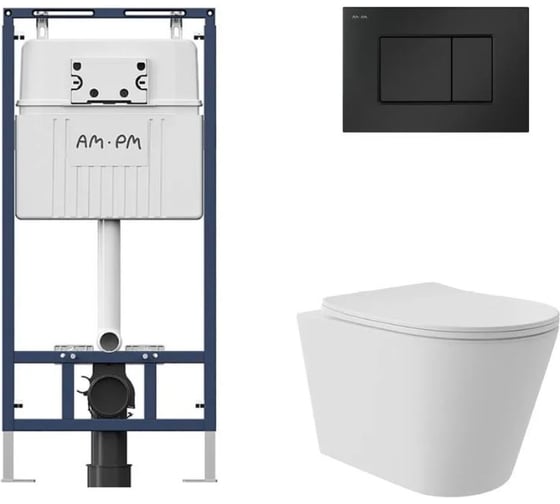Комплект AM.PM MasterFit инсталляция для подвесного унитаза с клавишей ProC S, мат.черный + Унитаз подвесной Long 520*365 безободковый, Vortex, сиденье Soft-Close, белый глянцевый, форма конус I012710.0238CV0210 1