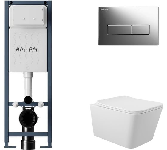Комплект AM.PM I012711.0351 ErgoFit инсталляция для подвес унитаза с клавишей ErgoFit M пластик, хром глянц + Унитаз подвесной 520*370 безободковый, сиденье Soft-Close, белый матовый, форма квадрат I012711.0351Q0120 1