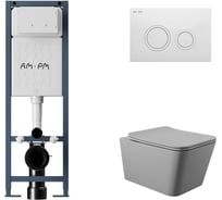 Комплект AM.PM I012711.0101 ErgoFit инсталляция для подвес унитаза с клавишей ErgoFit L пластик, белый глянцевый + Унитаз подвесной 520*370 безободковый, сиденье Soft-Close, серый матовый, форма квадрат I012711.0101Q0130