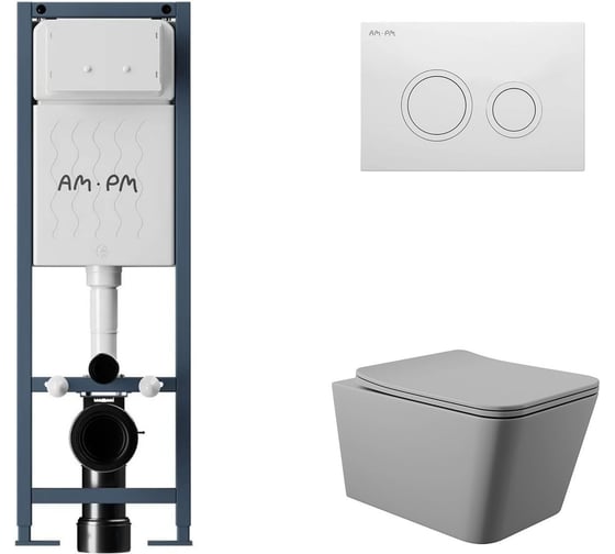 Комплект AM.PM I012711.0101 ErgoFit инсталляция для подвес унитаза с клавишей ErgoFit L пластик, белый глянцевый + Унитаз подвесной 520*370 безободковый, сиденье Soft-Close, серый матовый, форма квадрат I012711.0101Q0130 1