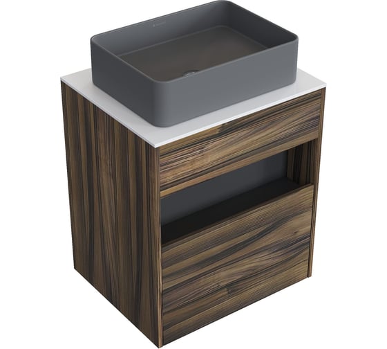 Комплект тумба с раковиной AM.PM Тумба Func, 1 ящик (pull-out), подвесная, 60 см, цвет дерево текстурир-ое/белый глянец + ESPIRAL Раковина накладная прямоугольная 370*500, серый матовый M8FFUX0601OFWGESP0430 1