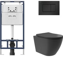 Комплект AM.PM MasterFit инсталляция для подвесного унитаза с клавишей ProC S, мат.черный + Унитаз подвесной Long 520*365 безободковый, Vortex, сиденье Soft-Close, черный матовый, форма овал I012710.0238OV0240