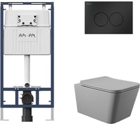 Комплект AM.PM MasterFit инсталляция для подвесного унитаза с клавишей ProC L, мат.черный + Унитаз подвесной 520х370 безободковый, сиденье Soft-Close, серый матовый, форма квадрат I012710.0138Q0130