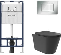Комплект AM.PM MasterFit инсталляция для подвесного унитаза с клавишей ProC S, хром глянц + Унитаз подвесной Long 520х365 безободковый, Vortex, сиденье Soft-Close, черный матовый, форма конус I012710.0251CV0240