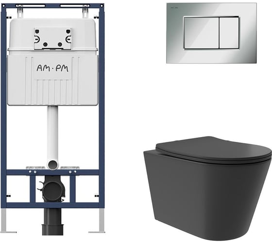 Комплект AM.PM MasterFit инсталляция для подвесного унитаза с клавишей ProC S, хром глянц + Унитаз подвесной Long 520х365 безободковый, Vortex, сиденье Soft-Close, черный матовый, форма конус I012710.0251CV0240 1