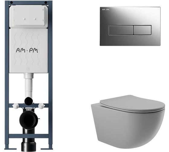 Комплект AM.PM I012711.0351 ErgoFit инсталляция для подвес унитаза с клавишей ErgoFit M пластик, хром глянц + Унитаз подвесной 525*360 безободковый, сиденье Soft-Close, серый матовый, форма овал I012711.0351O0130 1
