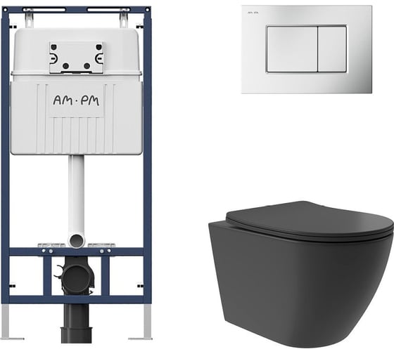 Комплект AM.PM MasterFit инсталляция для подвесного унитаза с клавишей ProC S, мат.хром + Унитаз подвесной Long 520х365 безободковый, Vortex, сиденье Soft-Close, черный матовый, форма овал I012710.0231OV0240 1