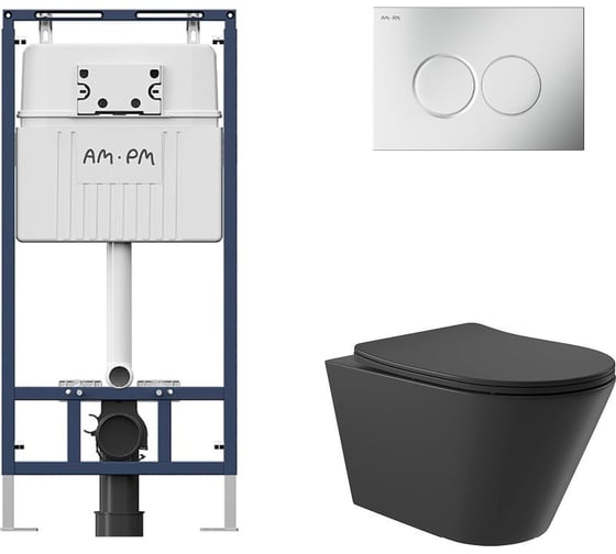 Комплект AM.PM MasterFit инсталляция для подвесного унитаза с клавишей ProC L, мат.хром + Унитаз подвесной 525х360 безободковый, сиденье Soft-Close, черный матовый, форма конус I012710.0131C0140 1
