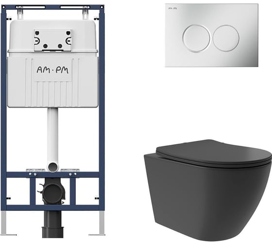 Комплект AM.PM MasterFit инсталляция для подвесного унитаза с клавишей ProC L, мат.хром + Унитаз подвесной Long 520х365 безободковый, Vortex, сиденье Soft-Close, черный матовый, форма овал I012710.0131OV0240 1