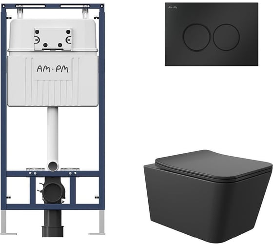 Комплект AM.PM MasterFit инсталляция для подвесного унитаза с клавишей ProC L, мат.черный + Унитаз подвесной 520х370 безободковый, сиденье Soft-Close, черный матовый, форма квадрат I012710.0138Q0140 1