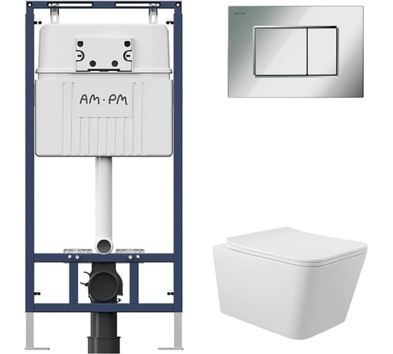 Комплект AM.PM MasterFit инсталляция для подвесного унитаза с клавишей ProC S, хром глянц + Унитаз подвесной Long 525х345 безободковый, Vortex, сиденье Soft-Close, белый глянцевый, форма квадрат I012710.0251QV0210 1