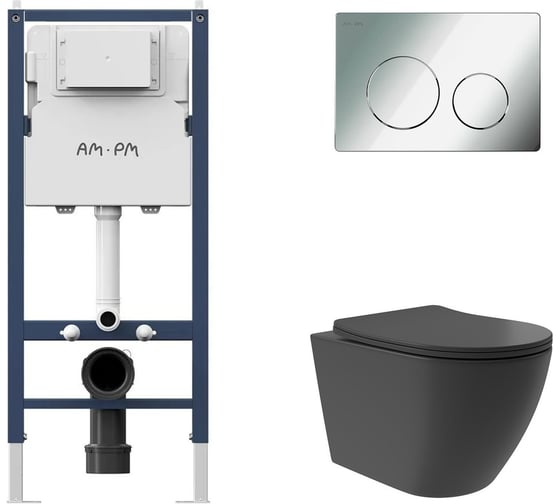 Комплект AM.PM I012709.0151 PrimeFit инсталляция для подвесного унитаза с клавишей PrimeFit L, хром глянц + Унитаз подвесной Long 520х365 безободковый, Vortex, сиденье Soft-Close, черный матовый, форма овал I012709.0151OV0240 1