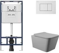 Комплект AM.PM MasterFit инсталляция для подвесного унитаза с клавишей ProC S, бел глянц + Унитаз подвесной 520х370 безободковый, сиденье Soft-Close, серый матовый, форма квадрат I012710.0201Q0130