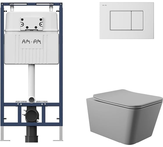 Комплект AM.PM MasterFit инсталляция для подвесного унитаза с клавишей ProC S, бел глянц + Унитаз подвесной 520х370 безободковый, сиденье Soft-Close, серый матовый, форма квадрат I012710.0201Q0130 1