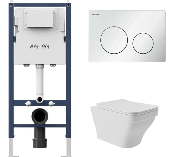 Комплект AM.PM I012709.0101 PrimeFit инсталляция для подвесного унитаза с клавишей PrimeFit L, бел глянц + Унитаз подвесной 520х370 безободковый, сиденье Soft-Close, белый матовый, форма квадрат с выступом I012709.0101E0120 1