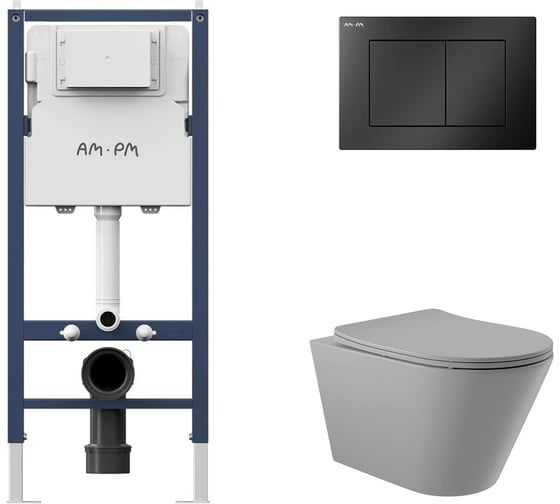 Комплект AM.PM I012709.0238 PrimeFit инсталляция для подвесного унитаза с клавишей PrimeFit S, мат.черный + Унитаз подвесной 525*360 безободковый, сиденье Soft-Close, серый матовый, форма конус I012709.0238C0130 1