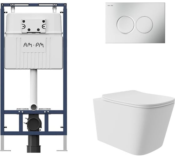 Комплект AM.PM MasterFit инсталляция для подвесного унитаза с клавишей ProC L, мат.хром + Унитаз подвесной Long 525х345 безободковый, Vortex, сиденье Soft-Close, белый матовый, форма квадрат I012710.0131QV0220 1