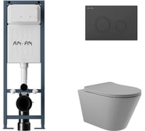 Комплект AM.PM I012711.0138 ErgoFit инсталляция для подвес унитаза с клавишей ErgoFit L пластик, черный матовый + Унитаз подвесной 525*360 безободковый, сиденье Soft-Close, серый матовый, форма конус I012711.0138C0130