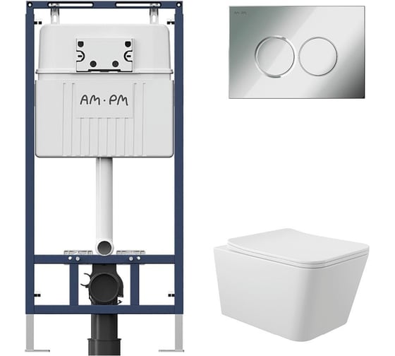 Комплект AM.PM MasterFit инсталляция для подвесного унитаза с клавишей ProC L, хром глянц + Унитаз подвесной Long 525х345 безободковый, Vortex, сиденье Soft-Close, белый глянцевый, форма квадрат I012710.0151QV0210 1