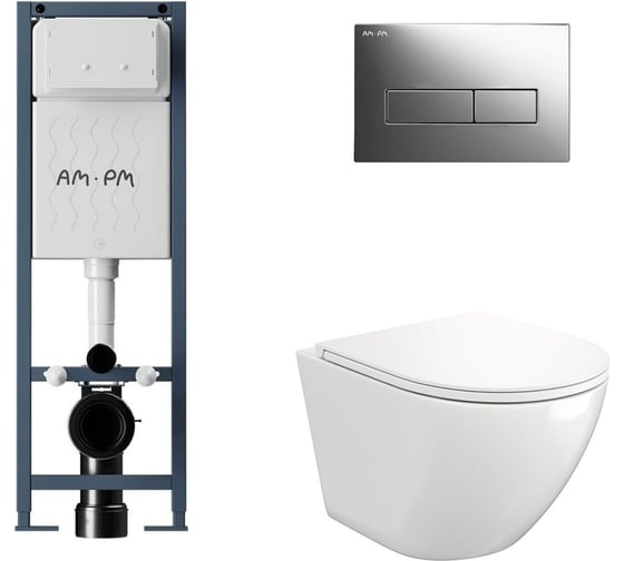 Комплект AM.PM I012711.0351 ErgoFit инсталляция для подвес унитаза с клавишей ErgoFit M пластик, хром глянц + FLUIRE 110 Vortex Унитаз подвесной безободковый, быстросъёмное сиденье с микролифтом, белый глян. I012711.0351AL.FLU40110.V.W 1