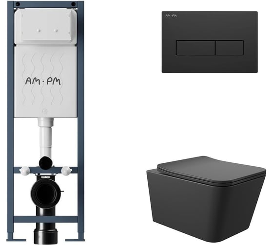 Комплект AM.PM I012711.0338 ErgoFit инсталляция для подвес унитаза с клавишей ErgoFit M пластик, черный матовый + Унитаз подвесной 520х370 безободковый, сиденье Soft-Close, черный матовый, форма квадрат I012711.0338Q0140 1