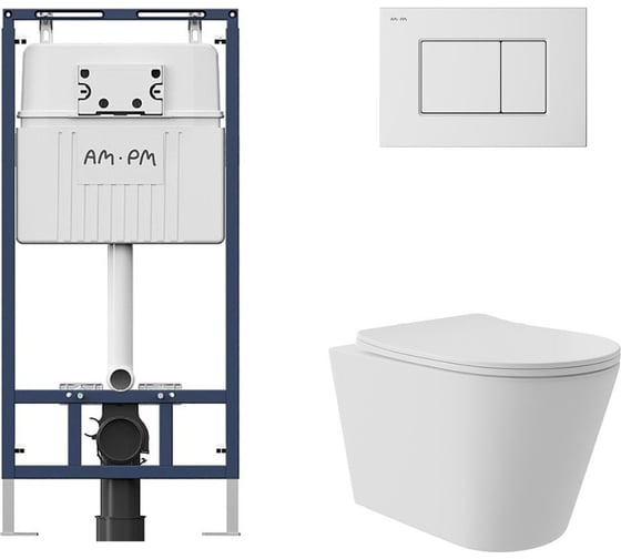Комплект AM.PM MasterFit инсталляция для подвесного унитаза с клавишей ProC S, бел глянц + Унитаз подвесной Long 520х365 безободковый, Vortex, сиденье Soft-Close, белый матовый, форма конус I012710.0201CV0220 1