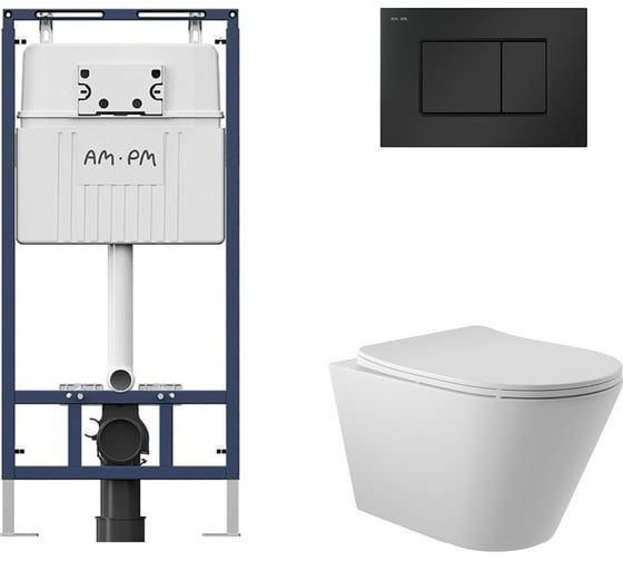 Комплект AM.PM MasterFit инсталляция для подвесного унитаза с клавишей ProC S, мат.черный + Унитаз подвесной 525х360 безободковый, сиденье Soft-Close, белый матовый, форма конус I012710.0238C0120 1