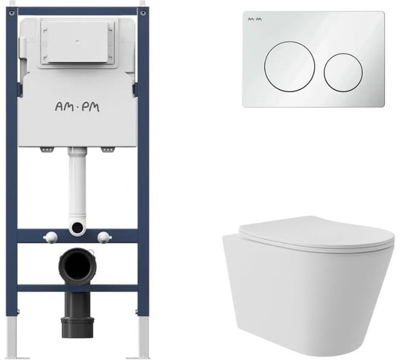 Комплект AM.PM Инсталляция I012709.0101 кл. PrimeFit L, б/гл + Унитаз подвесной Long 520х365 безободковый, Vortex, сиденье Soft-Close, белый глянцевый, форма конус I012709.0101CV0210 1