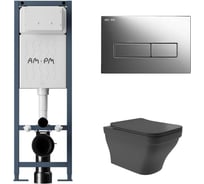 Комплект AM.PM I012711.0351 ErgoFit инсталляция для подвес унитаза с клавишей ErgoFit M пластик, хром глянц + Унитаз подвесной 520*370 безободковый, сиденье Soft-Close, черный матовый, форма квадрат с выступом I012711.0351E0140