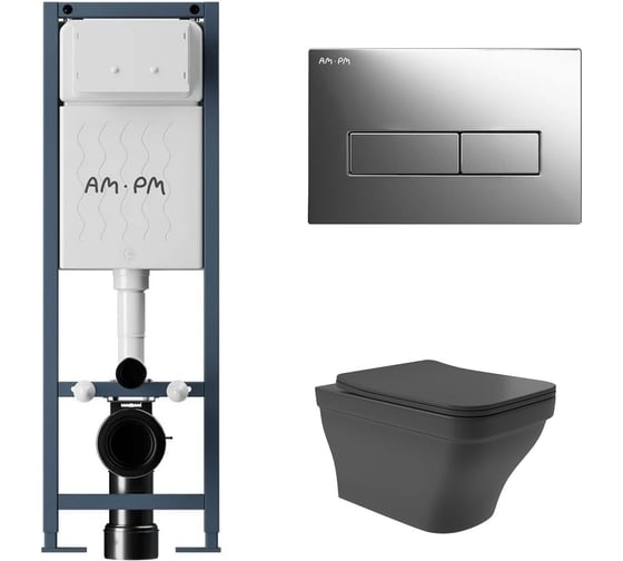 Комплект AM.PM I012711.0351 ErgoFit инсталляция для подвес унитаза с клавишей ErgoFit M пластик, хром глянц + Унитаз подвесной 520*370 безободковый, сиденье Soft-Close, черный матовый, форма квадрат с выступом I012711.0351E0140 1