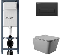 Комплект AM.PM I012711.0338 ErgoFit инсталляция для подвес унитаза с клавишей ErgoFit M пластик, черный матовый + Унитаз подвесной 520х370 безободковый, сиденье Soft-Close, серый матовый, форма квадрат I012711.0338Q0130
