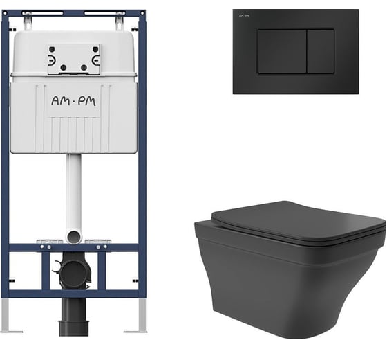 Комплект AM.PM MasterFit инсталляция для подвесного унитаза с клавишей ProC S, мат.черный + Унитаз подвесной 520х370 безободковый, сиденье Soft-Close, черный матовый, форма квадрат с выступом I012710.0238E0140 1