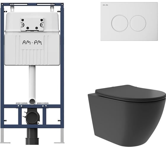 Комплект AM.PM MasterFit инсталляция для подвесного унитаза с клавишей ProC L, бел глянц + Унитаз подвесной Long 520х365 безободковый, Vortex, сиденье Soft-Close, черный матовый, форма овал I012710.0101OV0240 1
