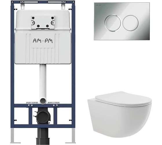 Комплект AM.PM MasterFit инсталляция для подвесного унитаза с клавишей ProC L, хром глянц + Унитаз подвесной Long 520*365 безободковый, Vortex, сиденье Soft-Close, белый глянцевый, форма овал I012710.0151OV0210 1