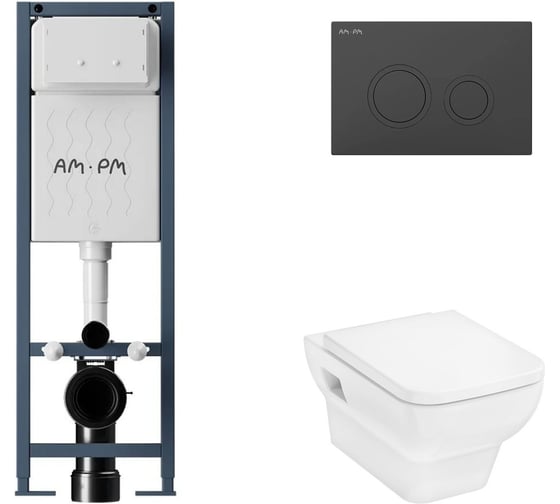 Комплект AM.PM I012711.0138 ErgoFit инсталляция для подвес унитаза с клавишей ErgoFit L пластик, черный матовый + CreekTide Q Унитаз подвесной 540x360, сиденье с микролифтом, безободковый, белый I012711.0138HGSET001 1