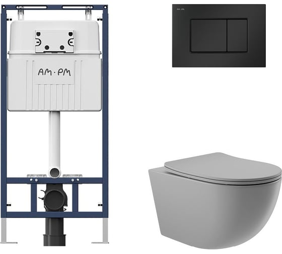 Комплект AM.PM MasterFit инсталляция для подвесного унитаза с клавишей ProC S, мат.черный + Унитаз подвесной 525х360 безободковый, сиденье Soft-Close, серый матовый, форма овал I012710.0238O0130 1