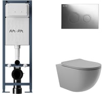 Комплект AM.PM I012711.0151 ErgoFit инсталляция для подвес унитаза с клавишей ErgoFit L пластик, хром глянц + Унитаз подвесной 525*360 безободковый, сиденье Soft-Close, серый матовый, форма овал I012711.0151O0130