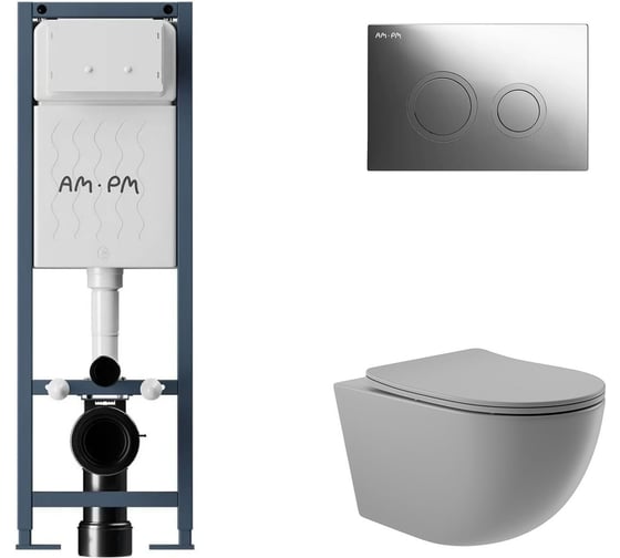 Комплект AM.PM I012711.0151 ErgoFit инсталляция для подвес унитаза с клавишей ErgoFit L пластик, хром глянц + Унитаз подвесной 525*360 безободковый, сиденье Soft-Close, серый матовый, форма овал I012711.0151O0130 1
