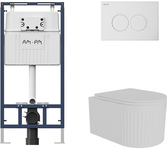 Комплект AM.PM MasterFit инсталляция для подвесного унитаза с клавишей ProC L, бел глянц + FLUIRE 2101 Vortex Унитаз подвесной безободковый, быстросъёмное сиденье с микролифтом, белый глян. I012710.0101AL.FLU42101.V.W 1